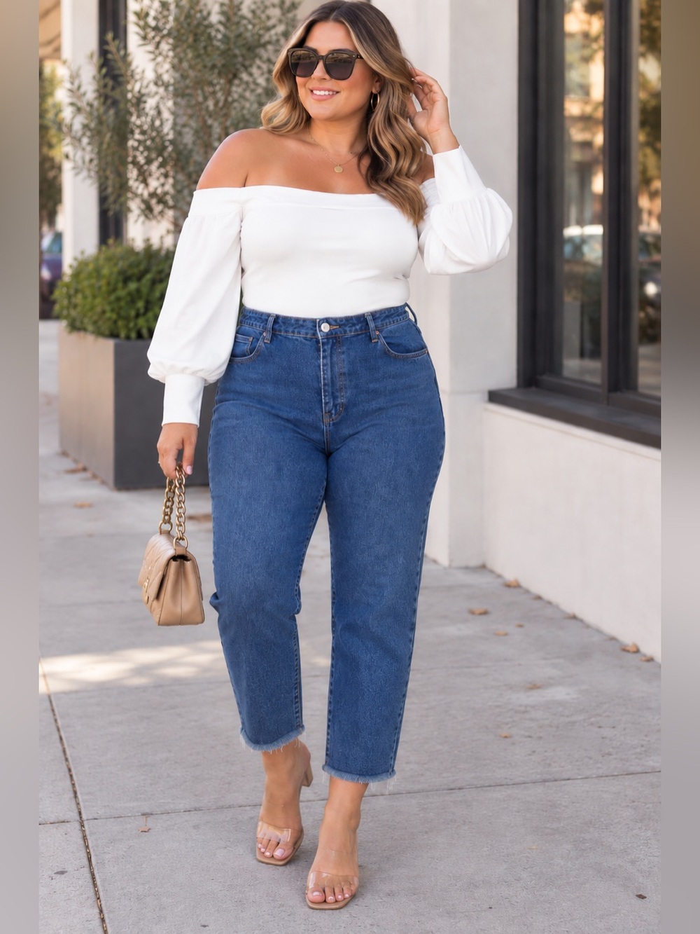 Pretty Little Thing Mom Jeans High Rise Blue Fray Hem Straight Leg Crop